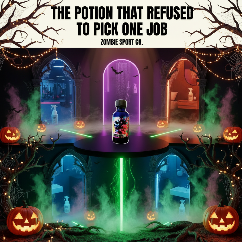 Halloween Infusion Hygienic Concentrate bottle surrounded by four glowing doors representing spray, body wash, lotion, and liquid soap