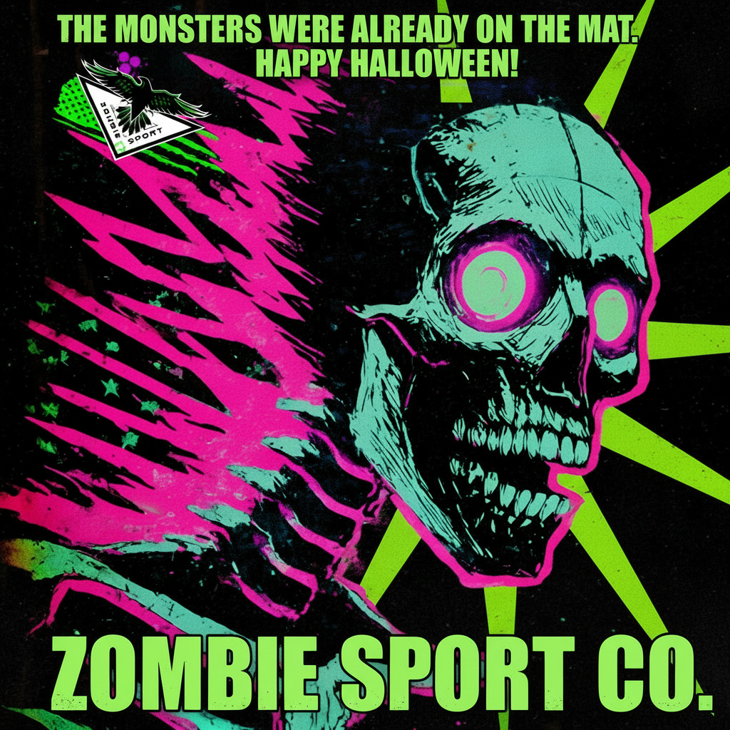 Neon green, turquoise, and hot-pink Halloween skeleton announcing a combat sports skin care fight card
