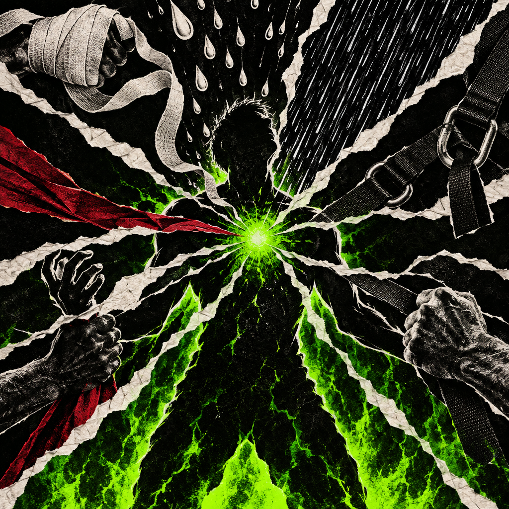 Cut paper style illustration of converging pressures like sweat, friction, and gear closing in on a hand, representing the multiple jobs skin does in a demanding day