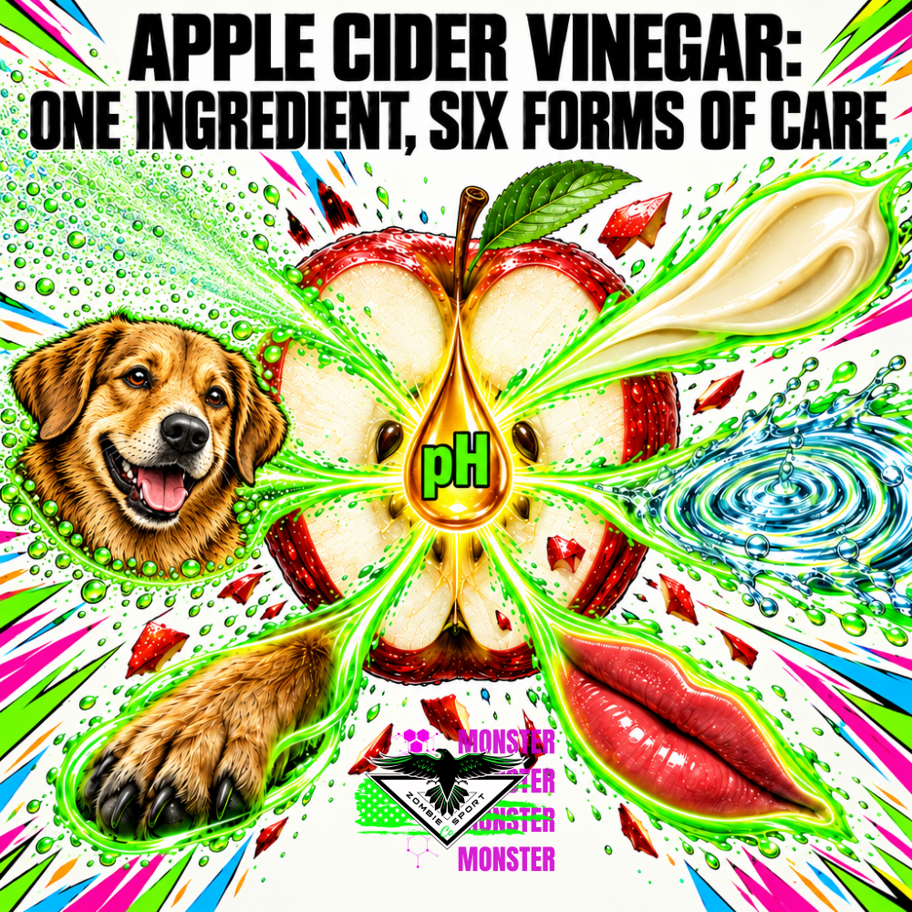 Bright comic poster for apple cider vinegar with a split apple, green pH droplet, spray mist above a happy dog, a dog paw, balm, water ripple and lips amid multicolor edge streaks, signed with the original Zombie Sport Co logo.