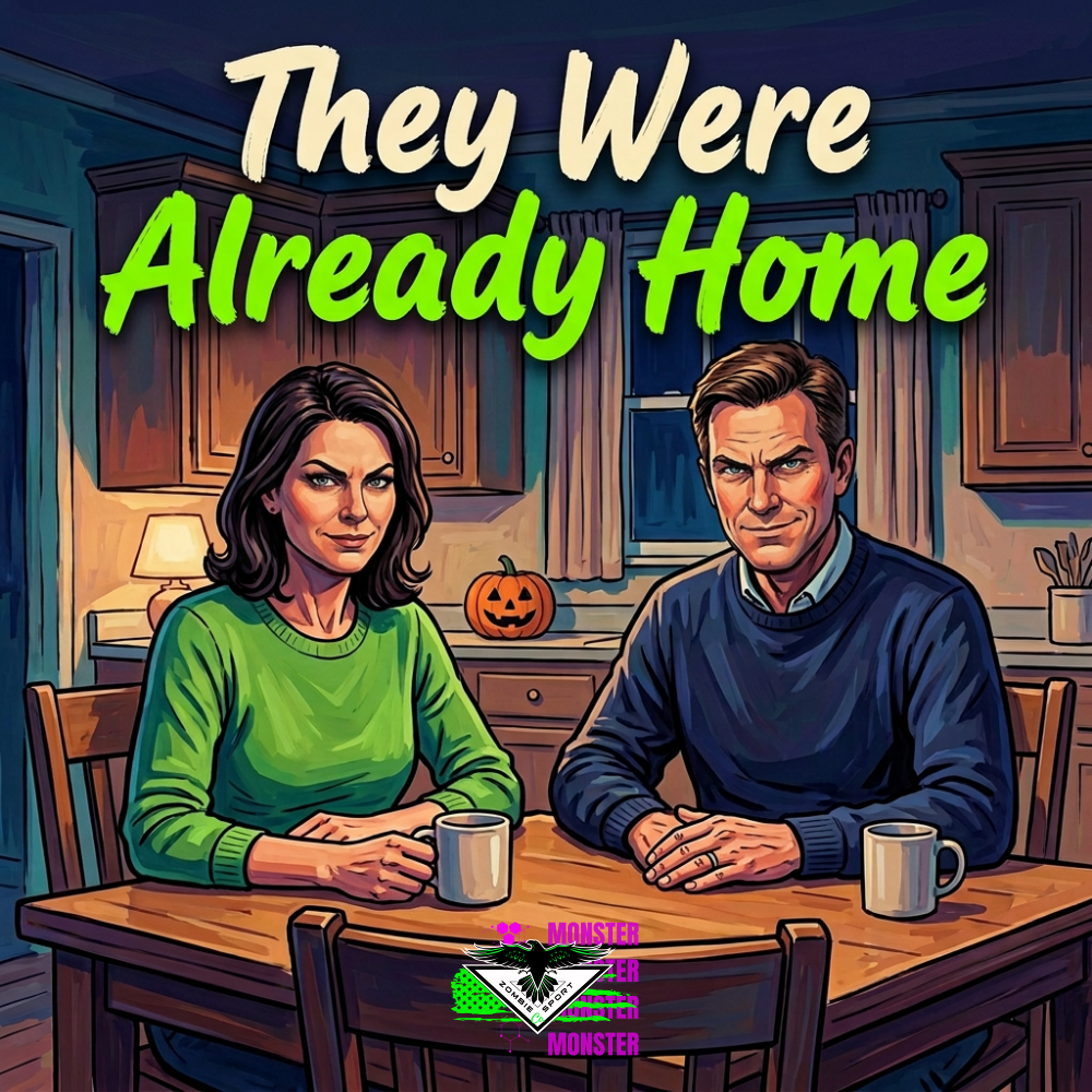 Illustrated adult couple with unsettling smiles looking at the viewer from their kitchen table, with mugs, a Halloween pumpkin, the headline They Were Already Home, and the original Zombie Sport Co logo.