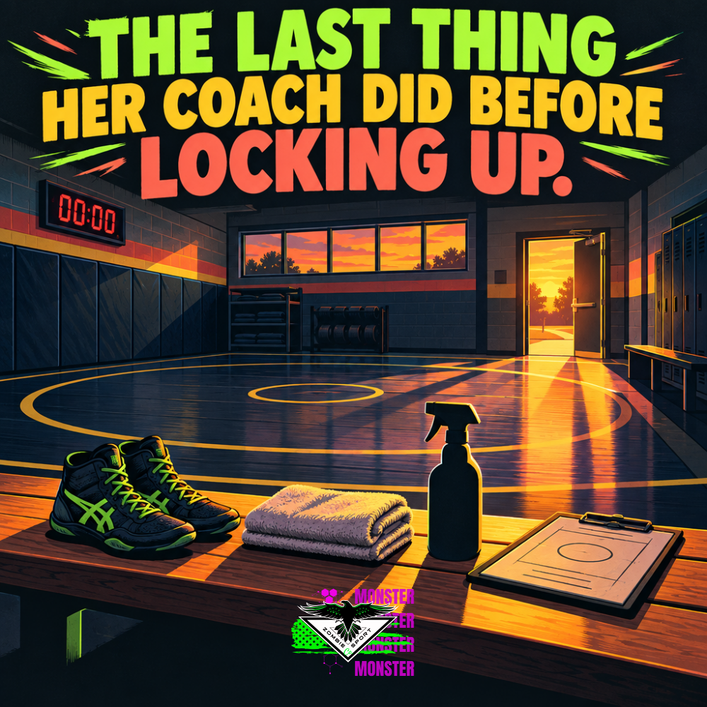 Illustrated empty wrestling practice room at sunset with digital timer, shoes, towel, spray bottle and open doorway under the headline The Last Thing Her Coach Did Before Locking Up, with Zombie Sport Co logo.