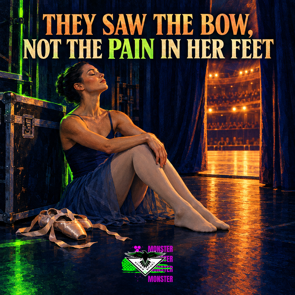 Adult ballet dancer resting backstage beside her untied pointe shoes after a performance, with stage lights beyond the curtain, the headline They Saw the Bow, Not the Pain in Her Feet and original Zombie Sport Co logo.
