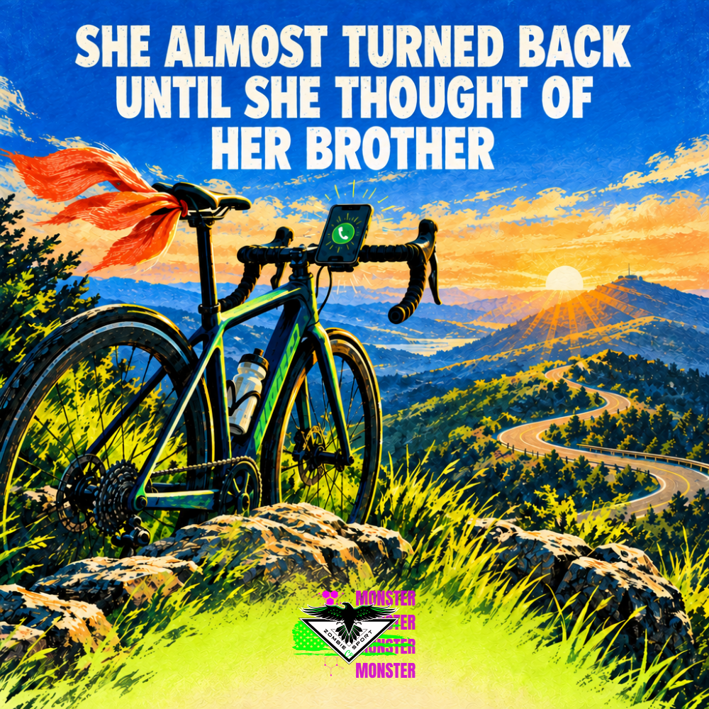 Illustrated bicycle on a sunny hilltop overlooking a winding road, orange scarf and phone call icon beneath the headline She Almost Turned Back Until She Thought of Her Brother, with original Zombie Sport Co logo.