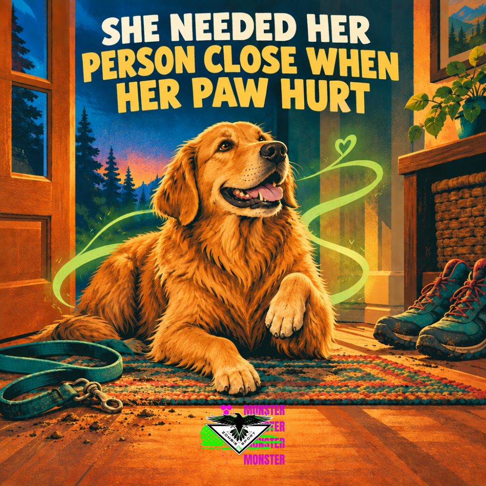 Warm illustrated golden dog by an open door with her paw raised, trail leash and shoes, beneath the headline She Needed Her Person Close When Her Paw Hurt and original Zombie Sport Co logo.