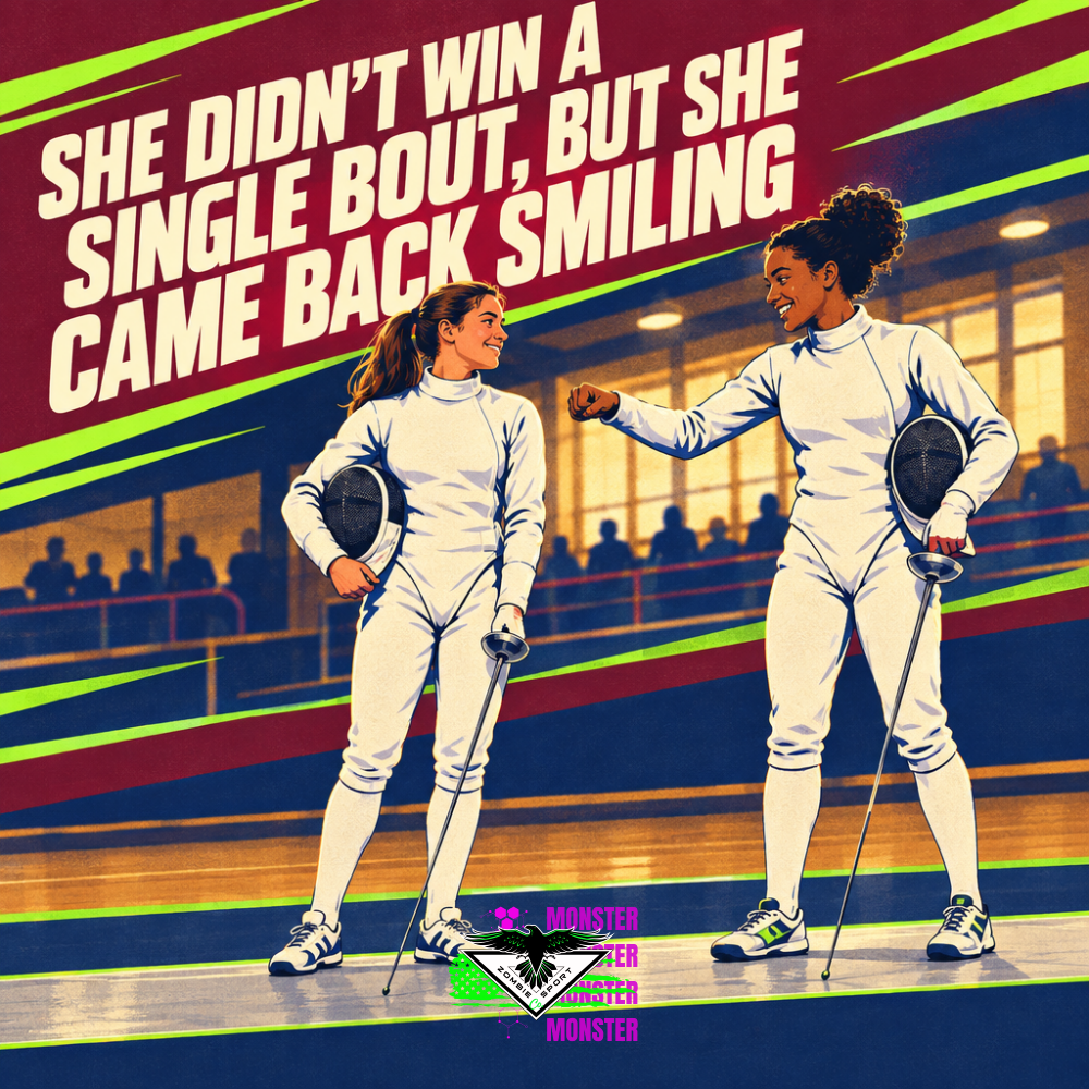 Retro fencing poster with two adult women in fencing uniforms smiling at each other after a bout, masks under their arms and foils lowered, beneath the headline She Didn't Win a Single Bout, but She Came Back Smiling and original Zombie Sport Co logo.