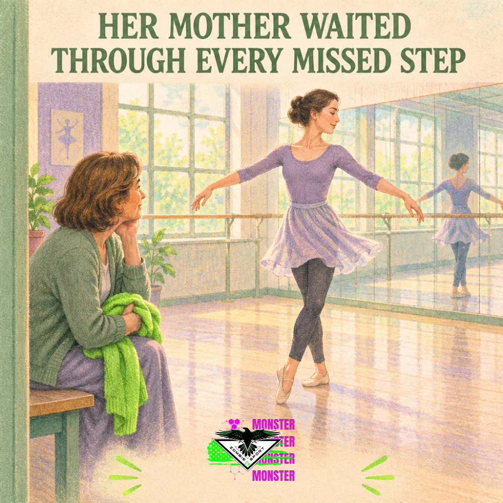 Soft illustrated ballet studio with an adult daughter practicing a turn while her mother watches from a bench, beneath the headline Her Mother Waited Through Every Missed Step and original Zombie Sport Co logo.