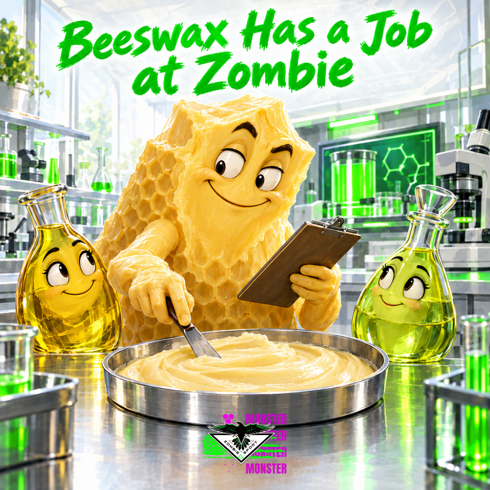 Playful illustrated beeswax character holding a clipboard beside two smiling oil vessels and a balm tin in a bright laboratory with electric-green details, the headline Beeswax Has a Job at Zombie and the original Zombie Sport Co logo.