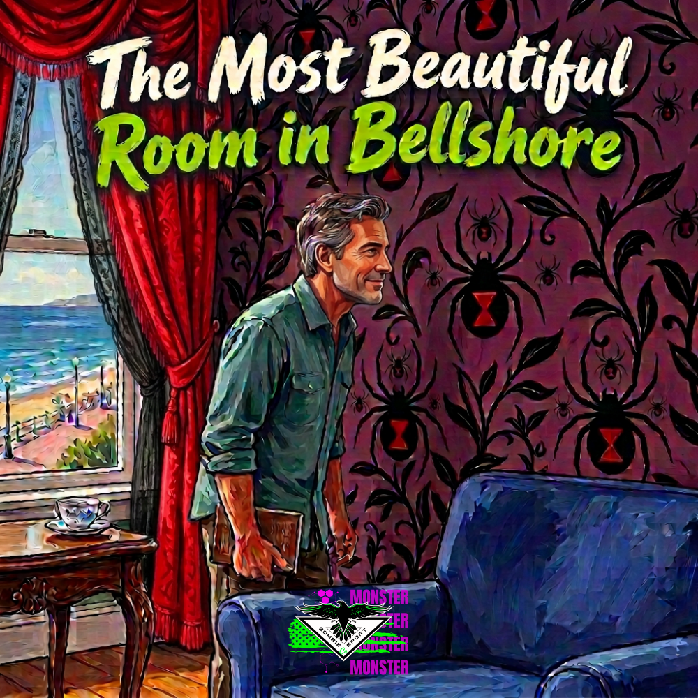 Martin admiring purple spider-and-vine wallpaper in a seaside Victorian sitting room with bright red curtains, black lace, and a carved wood tea table, beneath The Most Beautiful Room in Bellshore headline and original Zombie Sport Co logo.