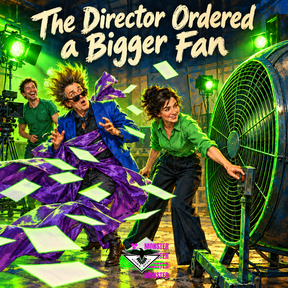 Commercial director tangled in violet fabric as his assistant switches off a giant fan under three electric-green studio lights, with The Director Ordered a Bigger Fan headline and original Zombie Sport Co logo.