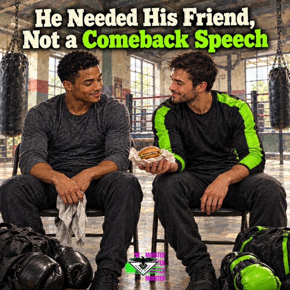 Two male boxing friends seated beside the ring after practice, one holding loose hand wraps as his partner in bright green sleeves offers a sandwich, with gloves and gym bags nearby, the matching story headline and original Zombie Sport Co logo.