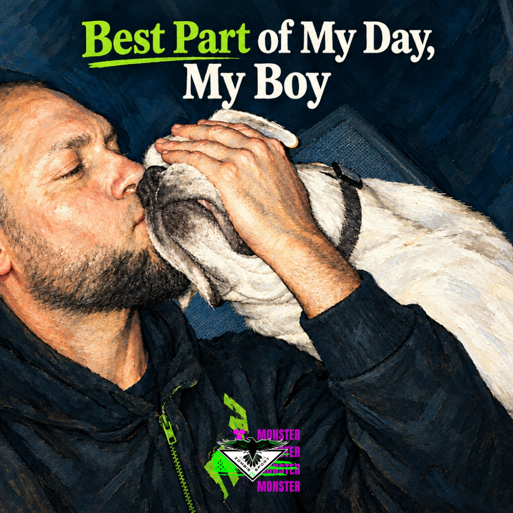 Illustrated treatment of Brian gently kissing his best buddy Booth and holding his head, with green hoodie details, the headline Best Part of My Day, My Boy and original Zombie Sport Co logo.