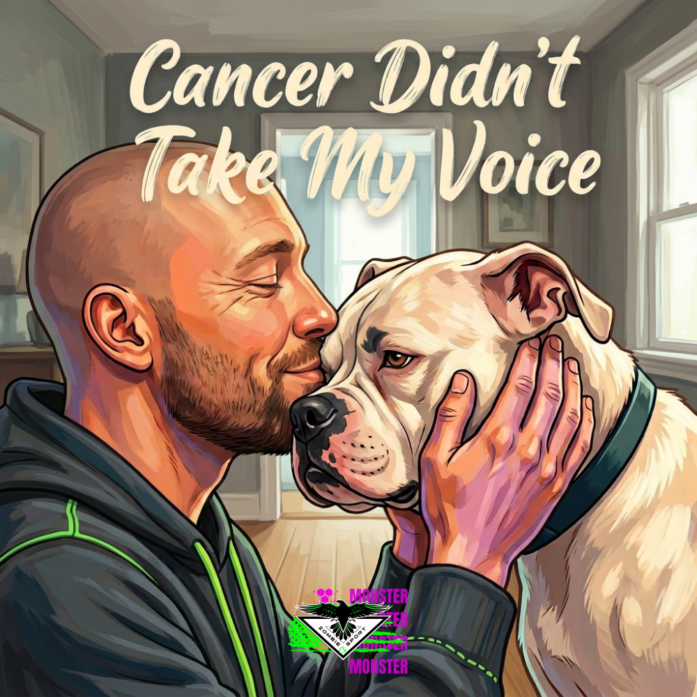 Illustrated Brian Armer gently kissing his light-coated pup and cradling his face, with the headline Cancer Didn’t Take My Voice and the original Zombie Sport Co logo.