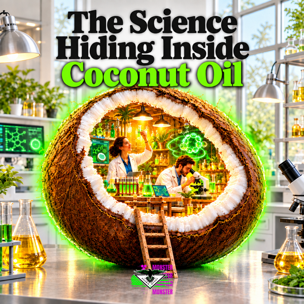 The Science Hiding Inside Coconut Oil: a coconut with an electric-green halo reveals miniature scientists in a warm-lit lab, surrounded by a bright white-and-steel laboratory, with the Zombie Sport Co logo at bottom center.