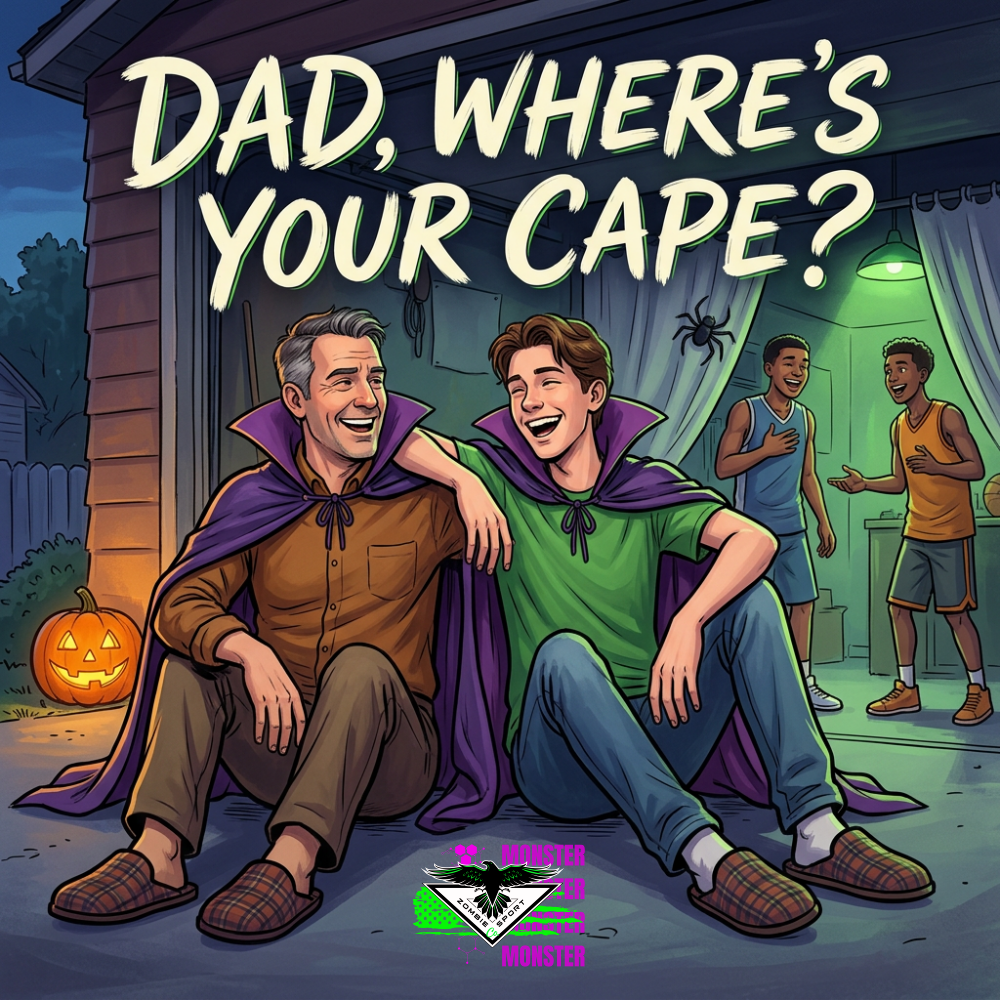 Illustrated Dad and Owen laughing together in purple vampire capes and matching plaid slippers outside their Halloween garage, with two teammates, green light, a jack-o-lantern, Dad, Where’s Your Cape? headline, and Zombie Sport Co logo.
