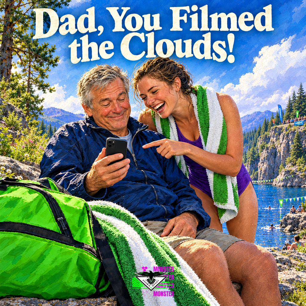 Painterly father and adult daughter laughing at his phone, with the screen facing them, on a rocky lakeshore beneath a natural cliff, electric-green accents, the title Dad, You Filmed the Clouds! and original Zombie Sport Co logo at bottom center.