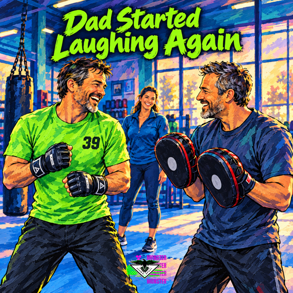 Illustrated beginner MMA dad in electric green laughing with his pad-holding partner as their coach smiles, with the headline Dad Started Laughing Again and original Zombie Sport Co logo.
