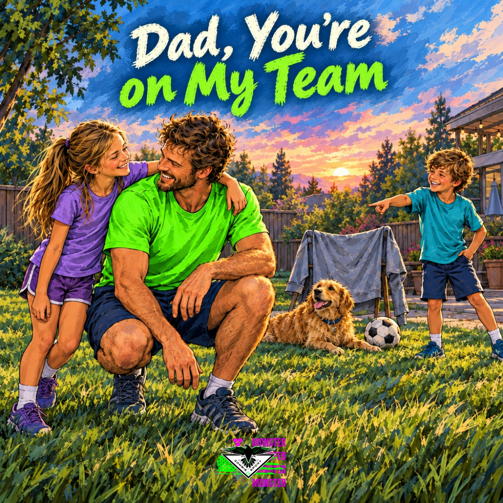 Illustrated daughter embracing her dad in electric green as her brother points toward their backyard soccer goal, with pup Pickles, a soccer ball, layered sunset skies, the headline Dad, You’re on My Team and original Zombie Sport Co logo.