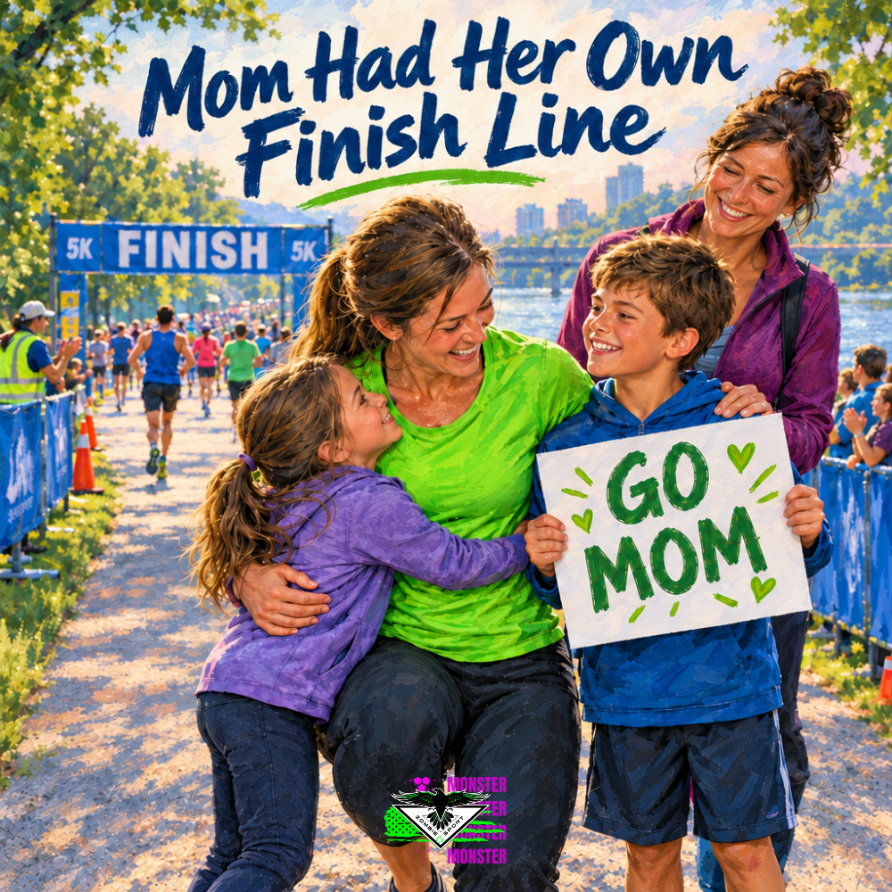 Dana in electric green hugging her children after a 5K, with Aunt Jess behind them, a GO MOM sign, the headline Mom Had Her Own Finish Line and original Zombie Sport Co logo.