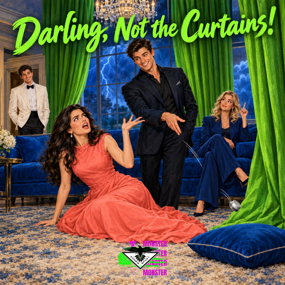 Illustrated young woman on a mansion rug as her smiling lover tosses a silver tin toward a cushion, with two amused friends, green curtains, Darling, Not the Curtains! and the original Zombie Sport Co logo.