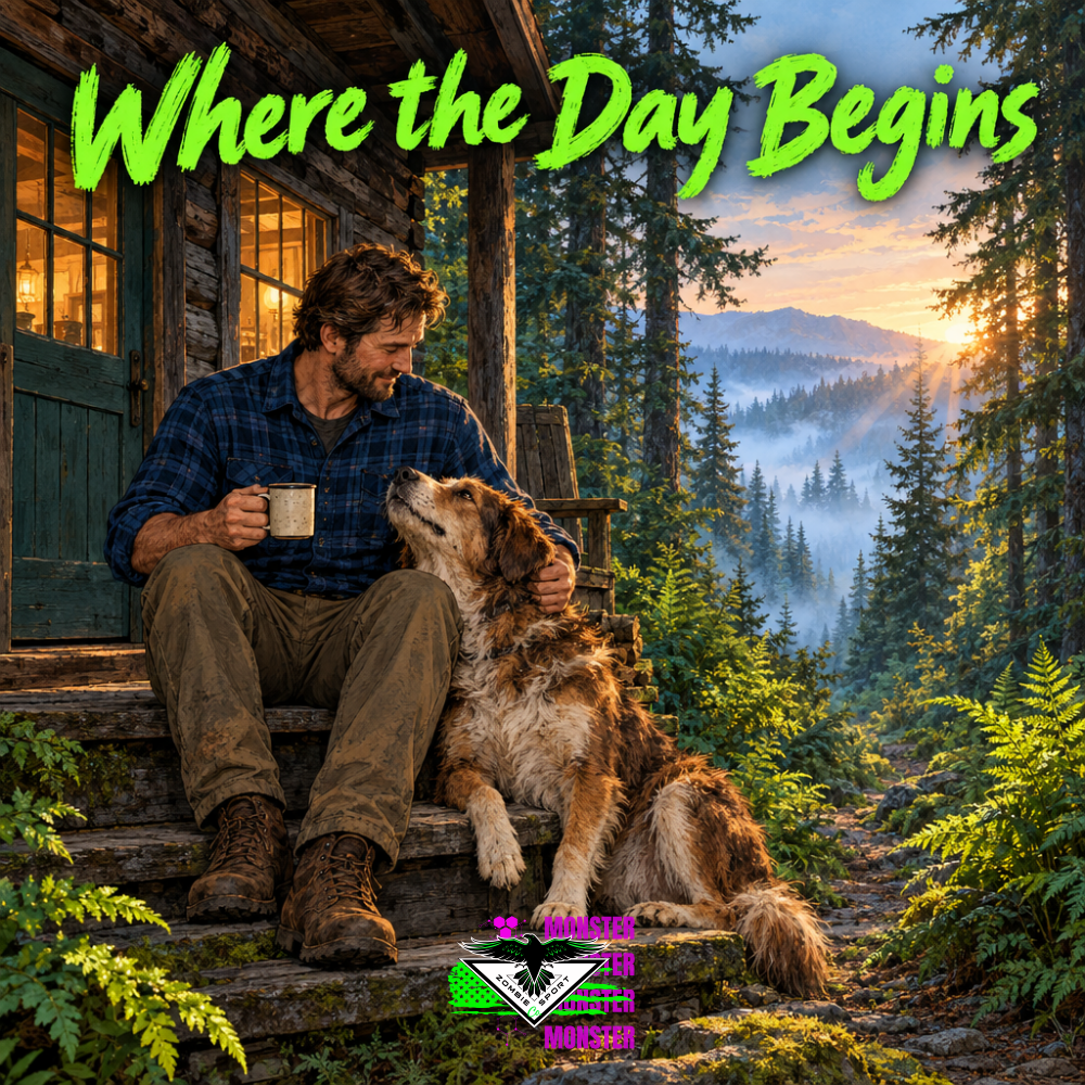 Illustrated man holding coffee and embracing his shaggy brown-and-cream best buddy on a cabin porch above a misty forest at dawn, with Where the Day Begins and the original Zombie Sport Co logo.