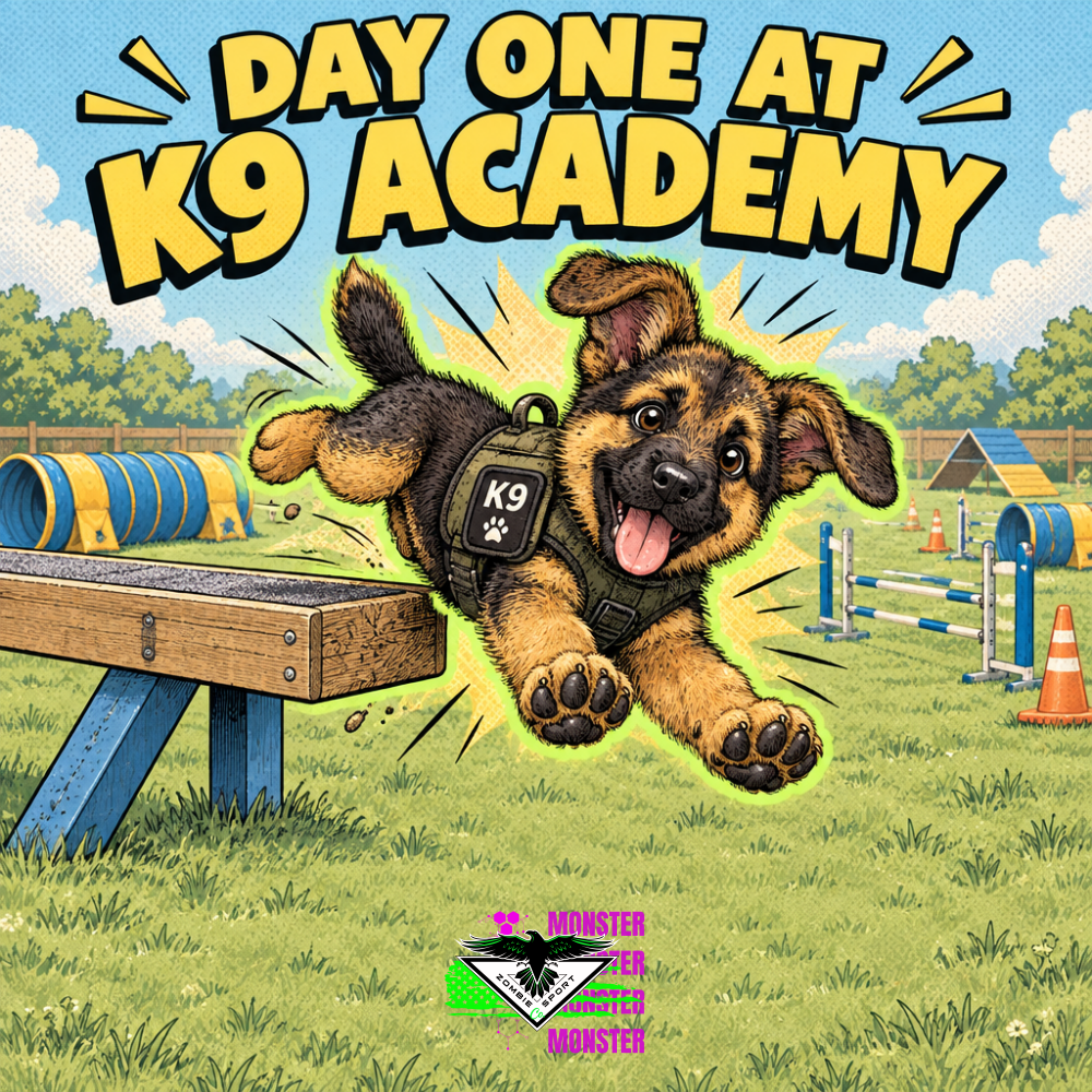 Comic book illustration of a clumsy German shepherd puppy in a K9 vest tumbling happily off a wooden balance beam on a sunny agility training field with tunnels, hurdles, and cones, under the headline Day One at K9 Academy