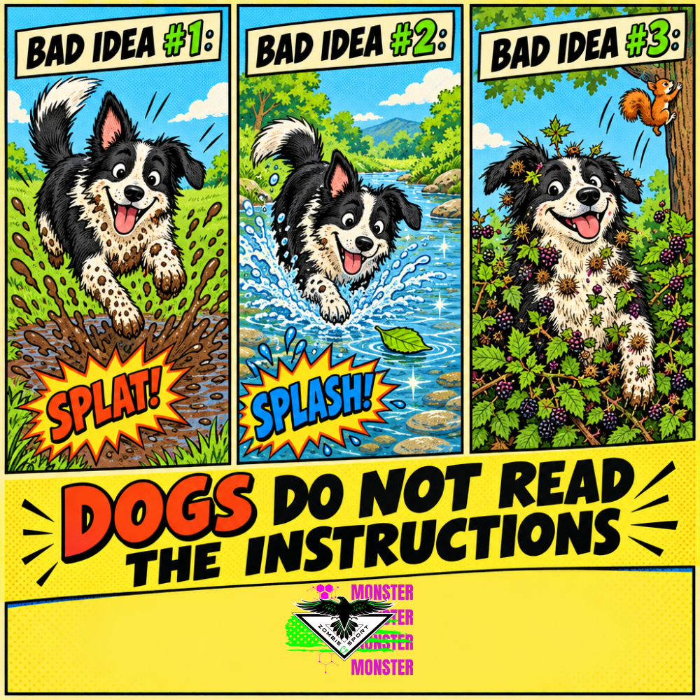 Retro three-panel comic of a goofy black and white border collie mix leaping into a mud puddle, splashing through a creek, and popping out of a blackberry bush covered in burrs, above the headline Dogs Do Not Read the Instructions