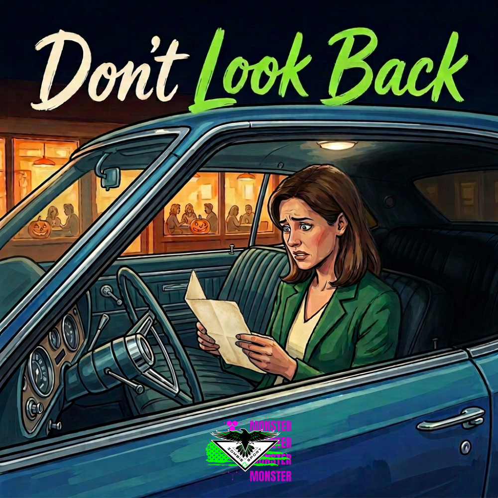 Frightened Rachel reading a worn note in a teal vintage car, with a dark rear seat and warm Halloween restaurant windows outside, beneath the headline Don’t Look Back and original Zombie Sport Co logo.