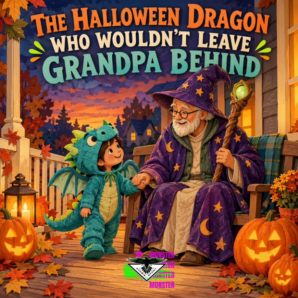 Warm illustrated Halloween porch scene with a child in a teal dragon costume holding hands with Grandpa dressed as a purple wizard, glowing pumpkins, the headline The Halloween Dragon Who Wouldn’t Leave Grandpa Behind, and original Zombie Sport Co logo.