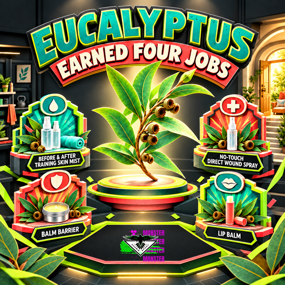 Dimensional eucalyptus branch in a lab spotlight between four bright skin-care shelves, beneath Eucalyptus Earned Four Jobs, with the original Zombie Sport Co logo on a dark stage banner.