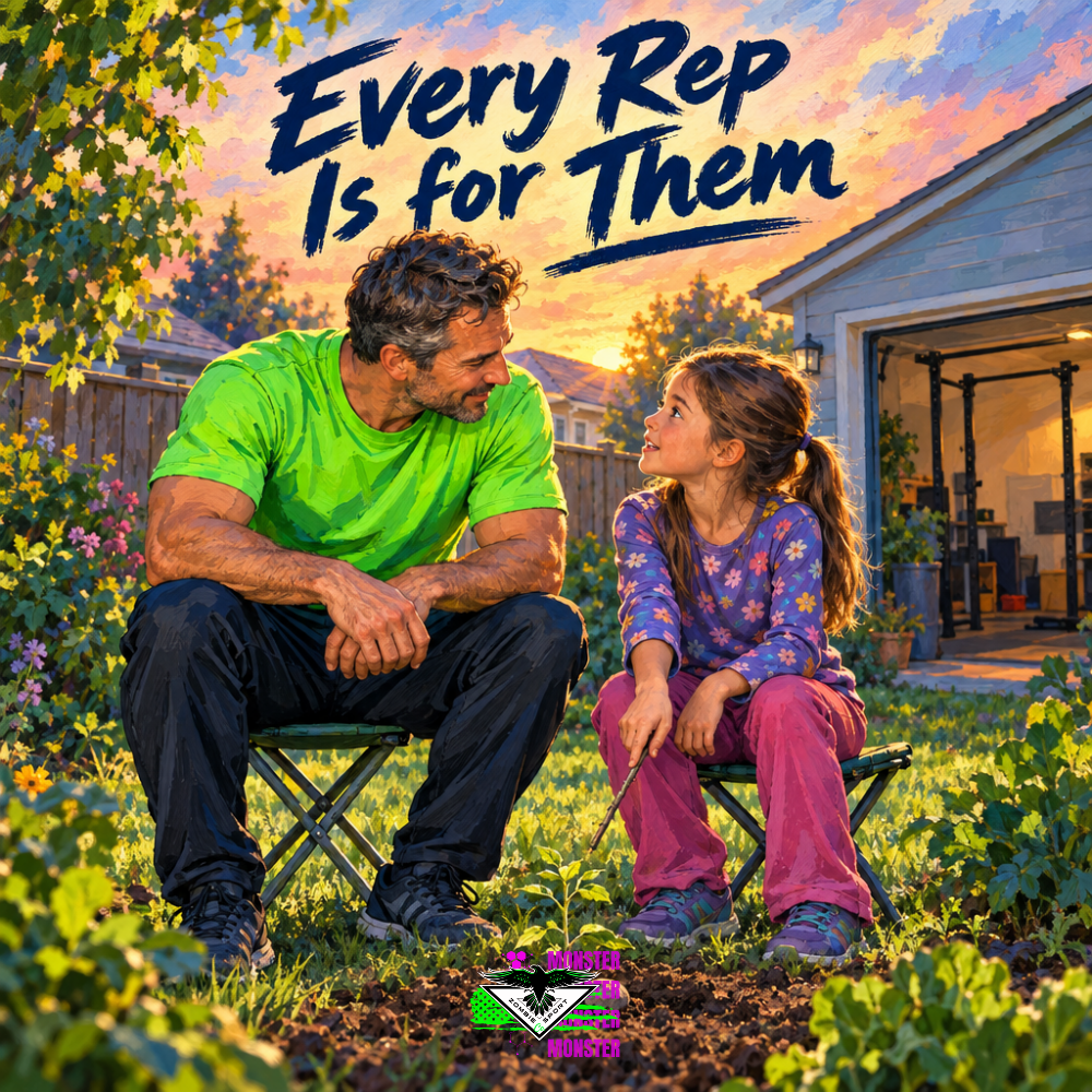 Father in electric green listening to his daughter beside their garden at sunset, with a garage pull-up bar beyond, the headline Every Rep Is for Them and original Zombie Sport Co logo.