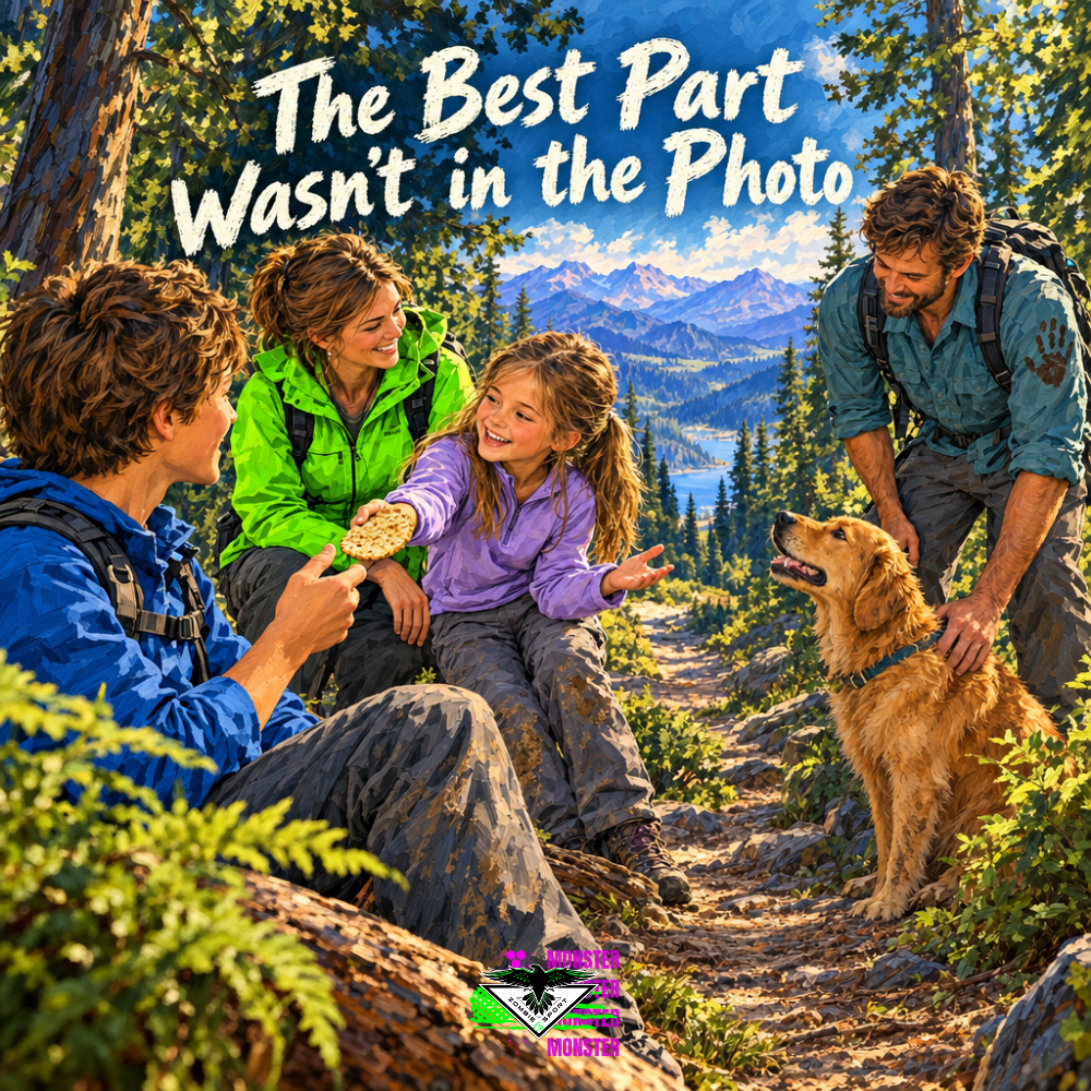 Illustrated family resting on a woodland trail as Ruby offers Finn a cracker, with their mother in electric green, their father beside pup Scout, layered mountain views, the headline The Best Part Wasn’t in the Photo and original Zombie Sport Co logo.