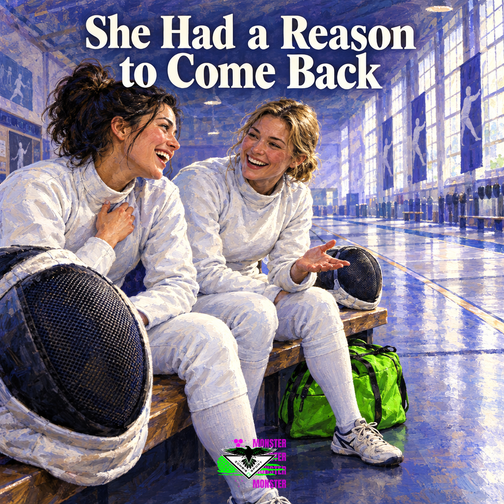 Painterly adult fencing teammates laughing together beside a gym bench after practice, with fencing masks and an electric-green bag, the headline She Had a Reason to Come Back and original Zombie Sport Co logo at bottom center.