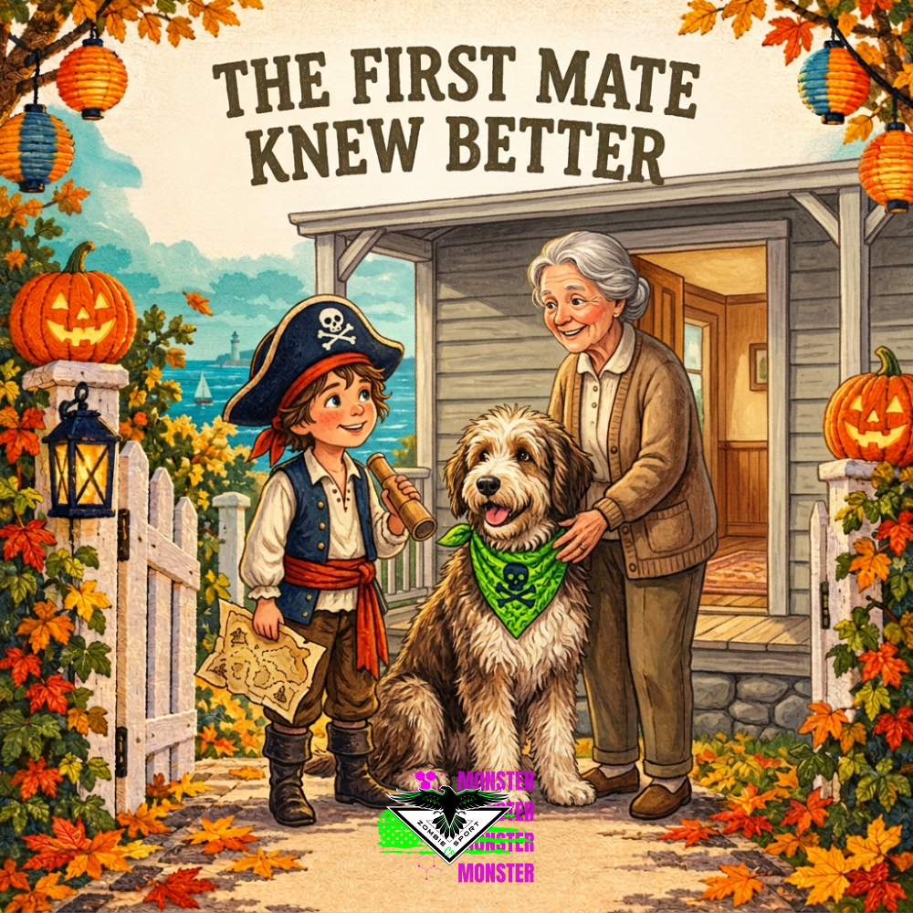 Vintage Halloween illustration of pirate Lucy holding a treasure map beside shaggy Finn in a bright green bandana, with Mrs. Bell greeting them outside her cottage, the headline The First Mate Knew Better, and original Zombie Sport Co logo.