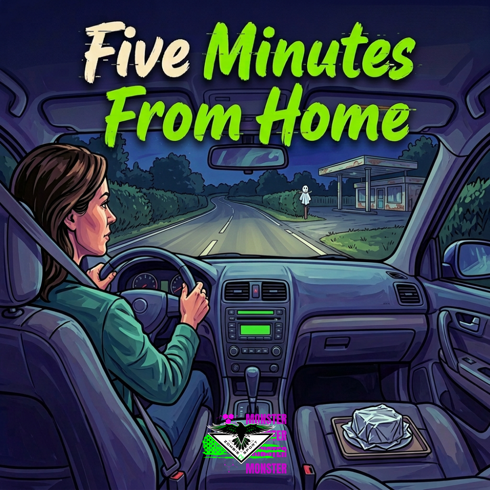 Illustrated woman driving a left-hand-drive car past a quiet service station at night, with a green-lit radio, foil-wrapped cake, Five Minutes From Home headline with light static marks, and original Zombie Sport Co logo.
