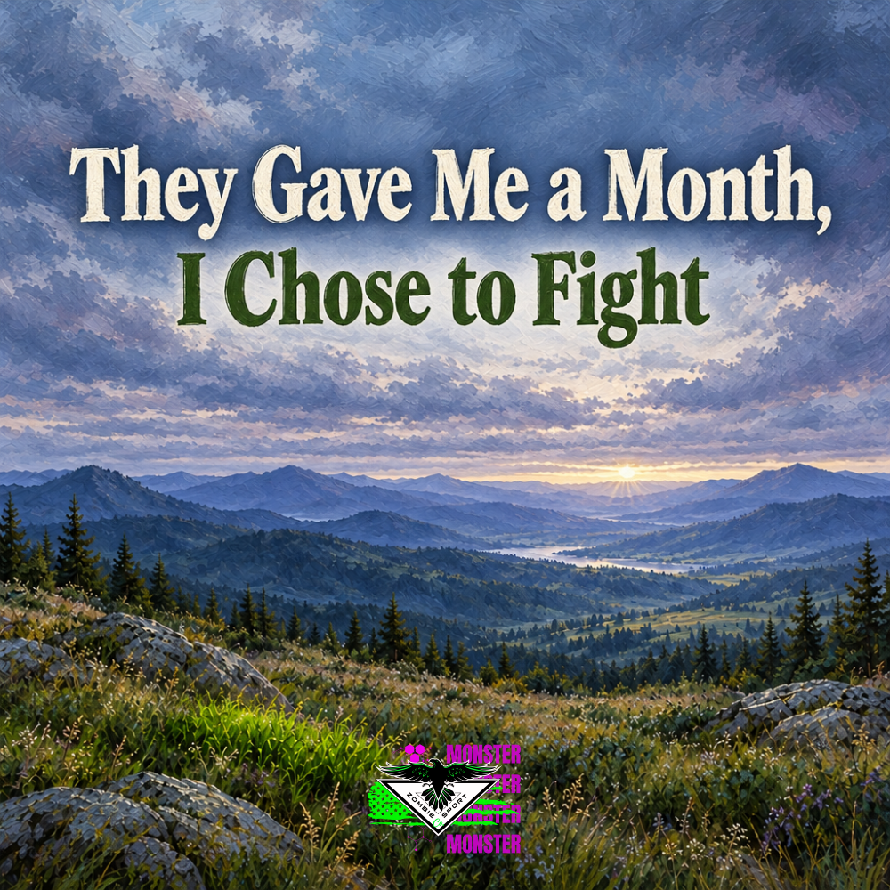 Illustrated mountain valley beneath a clouded blue sky with quiet horizon light and green meadow grasses, the headline They Gave Me a Month, I Chose to Fight and original Zombie Sport Co logo, for Brian Armer’s founder story.