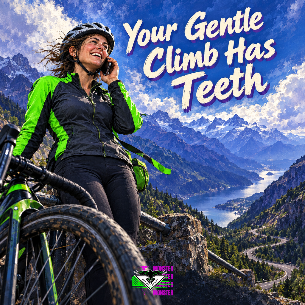 Illustrated woman cyclist speaking on her phone at a windswept mountain overlook beside her bicycle, with electric-green clothing accents, the headline Your Gentle Climb Has Teeth and original Zombie Sport Co logo at bottom center.