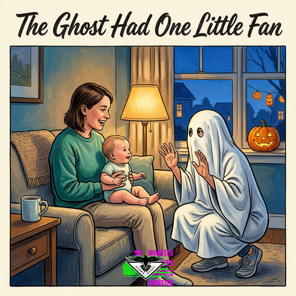 Illustrated mother Nora holding her smiling baby on a sofa while Beth crouches beside them in a white sheet ghost costume and running shoes, with a glowing pumpkin at the window, The Ghost Had One Little Fan headline, and original Zombie Sport Co logo.