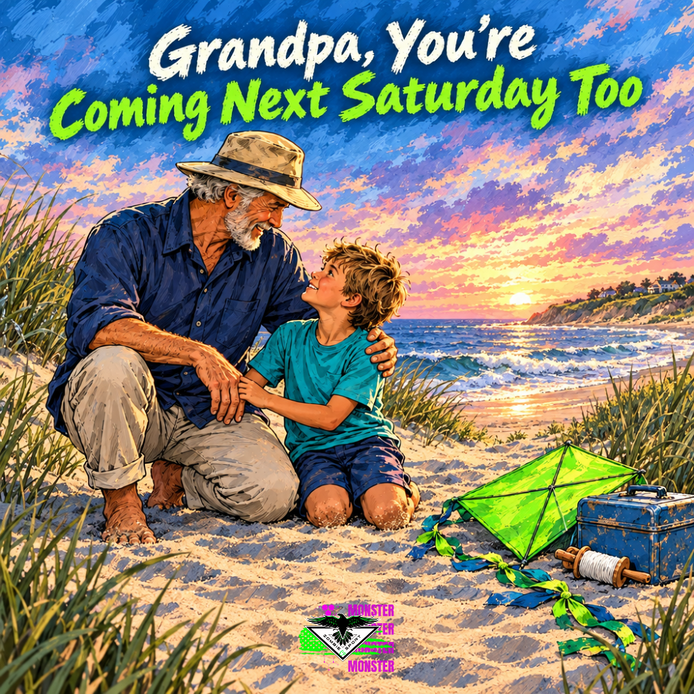 Illustrated grandfather and grandson smiling together on a sandy beach beside an electric-green kite, picnic lunchbox and spool, with layered sunset skies, the headline Grandpa, You’re Coming Next Saturday Too and original Zombie Sport Co logo.