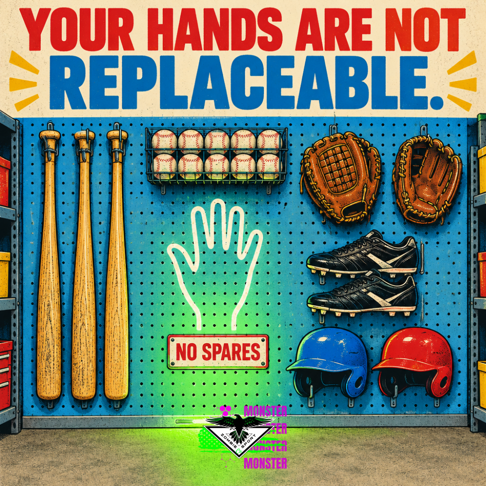 Bright vintage poster of a garage pegboard full of spare baseball bats, baseballs, gloves, cleats, and helmets, with one empty glowing hand outline above a sign reading No Spares, under the headline Your Hands Are Not Replaceable