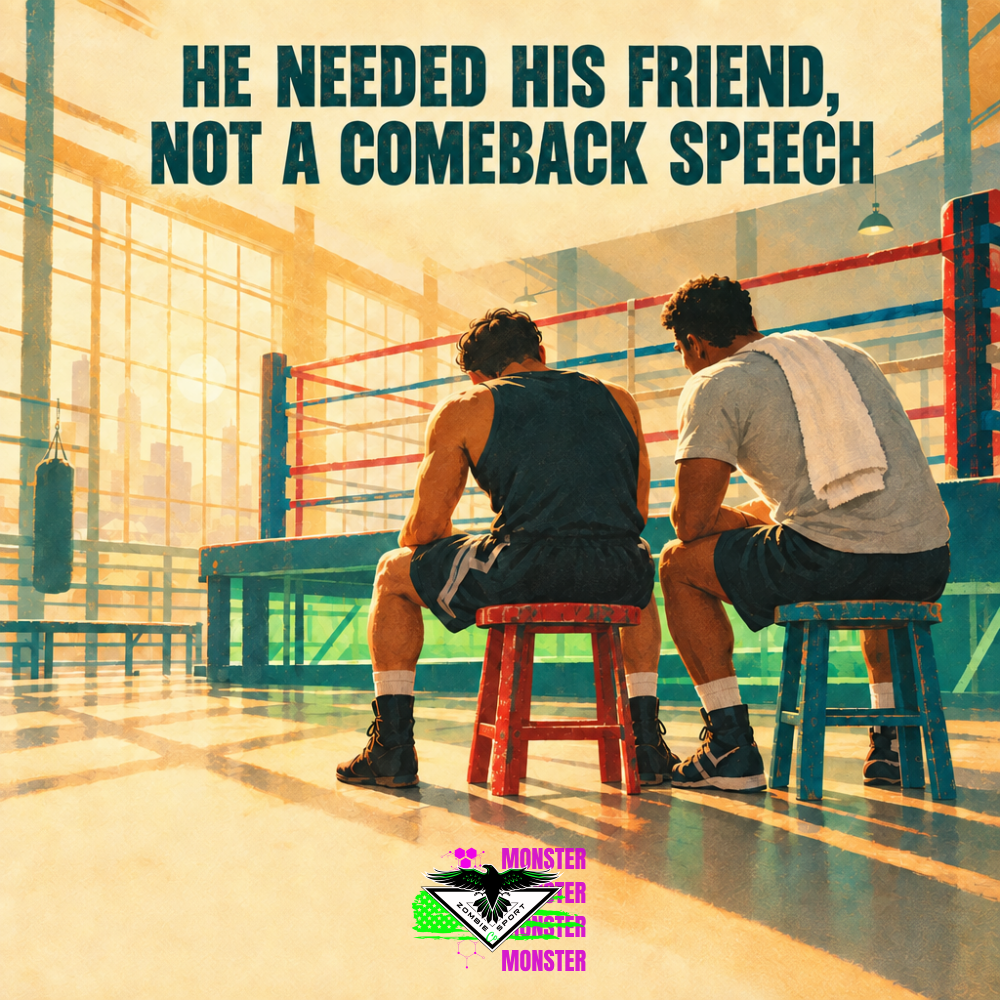 Vintage sports-poster illustration of two boxing teammates seated beside a sunlit ring, both with two visible legs, under the headline He Needed His Friend, Not a Comeback Speech.