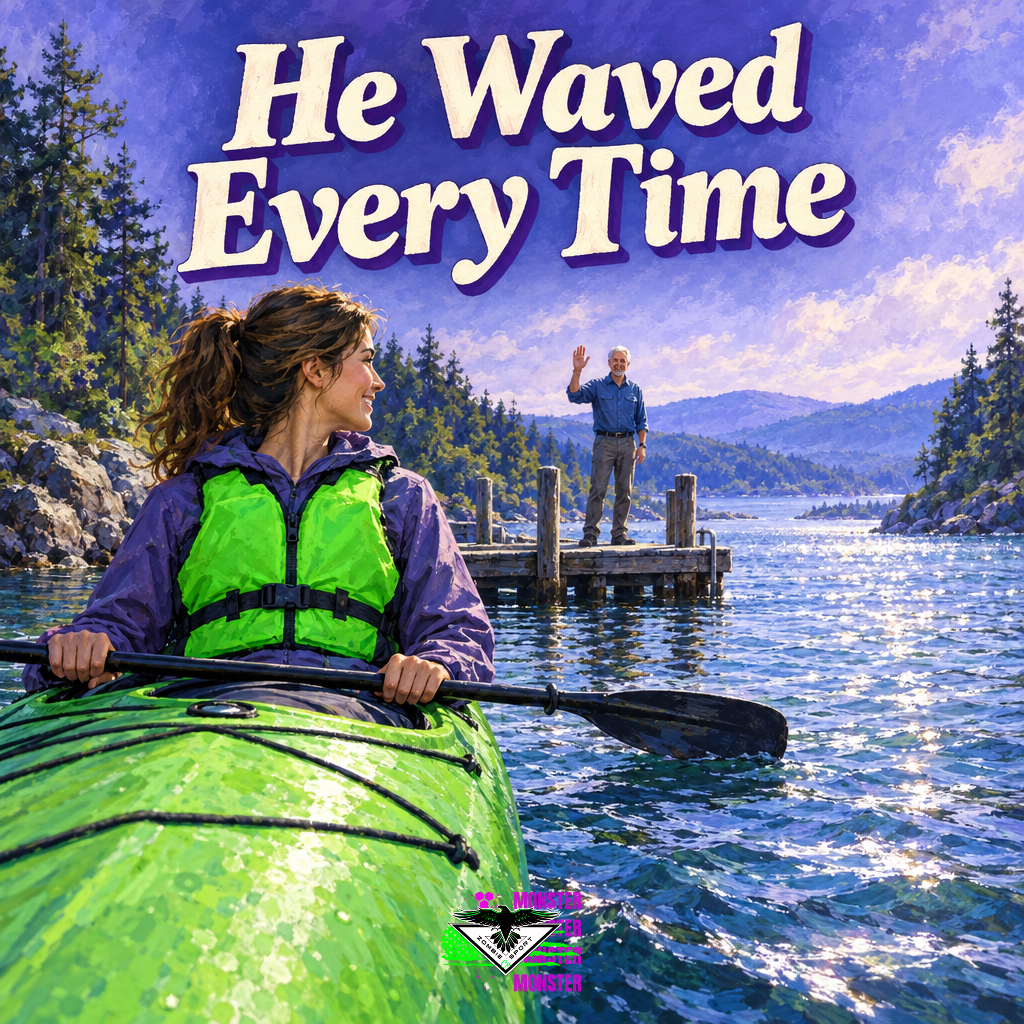 Painterly adult daughter in an electric-green life jacket looking back from her kayak toward her father waving from a dock, with the headline He Waved Every Time and original Zombie Sport Co logo at bottom center.