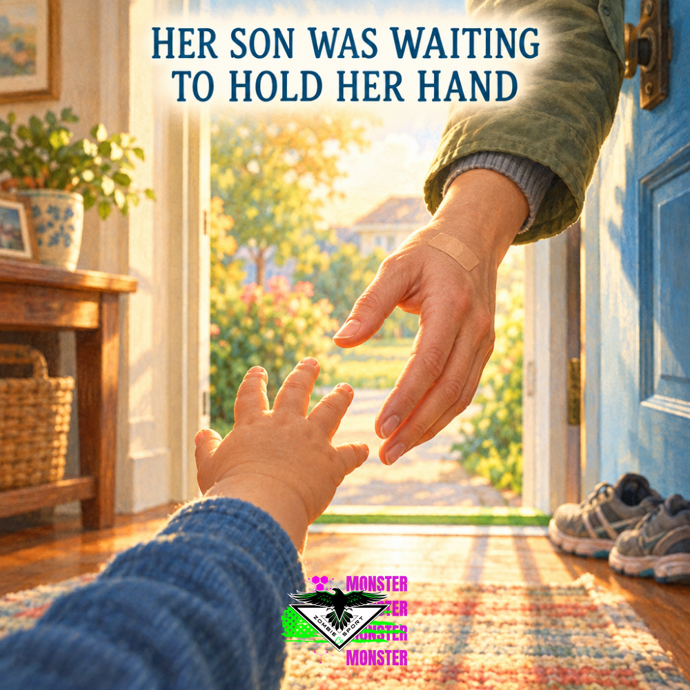 Illustrated child's-eye view of a small hand reaching toward a mother's gently bandaged hand in a sunlit doorway, beneath the headline Her Son Was Waiting to Hold Her Hand.