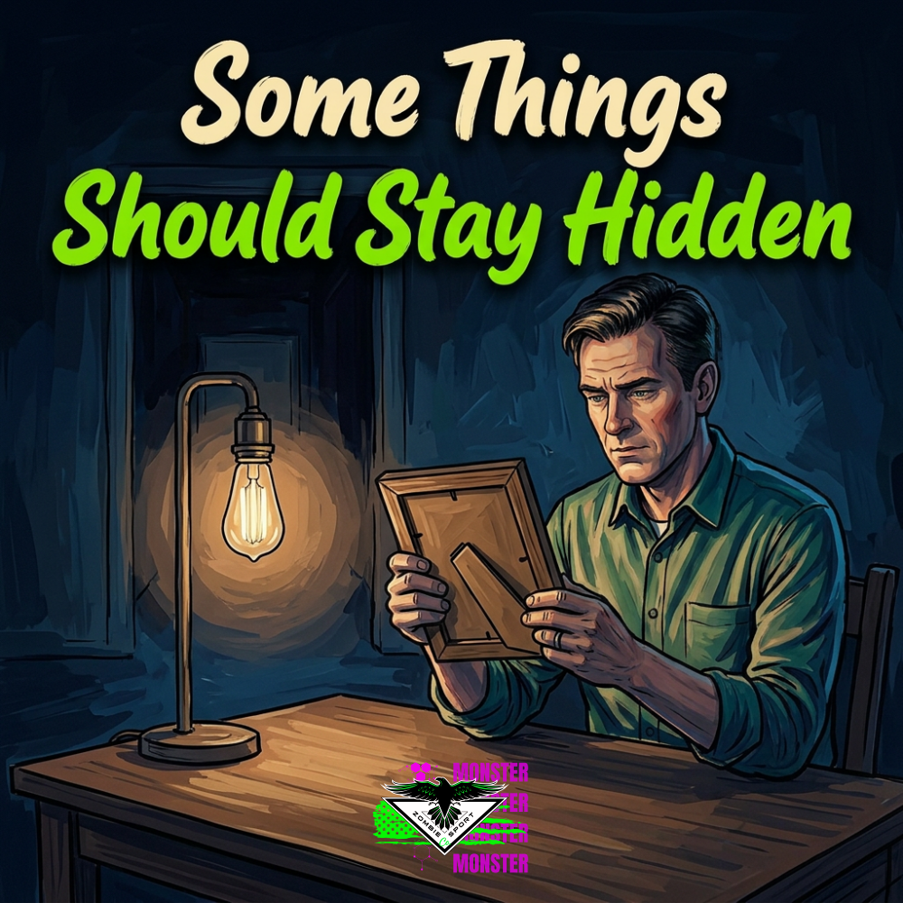 Illustrated man studying a framed photograph at a single desk in a dark room, illuminated by an Edison lamp, with the headline Some Things Should Stay Hidden and the original Zombie Sport Co logo.