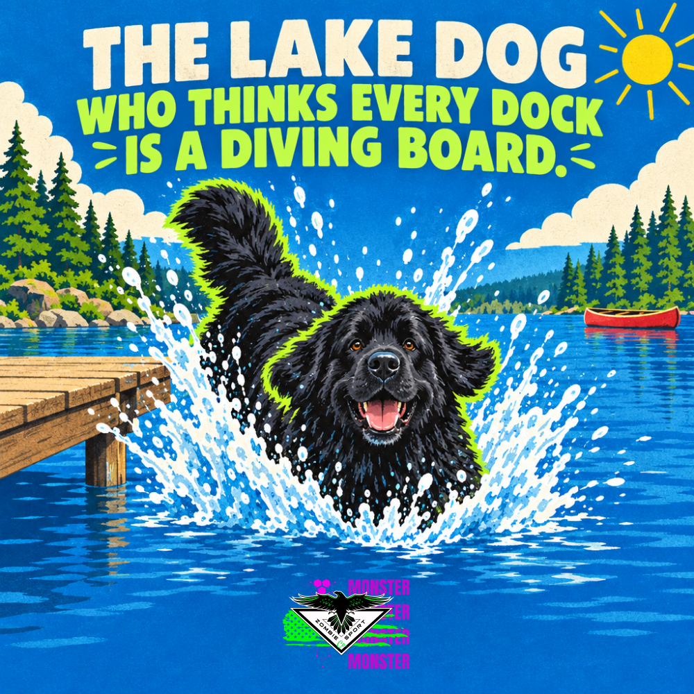 Bright retro poster of a big fluffy black Newfoundland dog cannonballing into a sparkling blue lake beside a wooden dock, a huge splash erupting around him, under the headline The Lake Dog Who Thinks Every Dock Is a Diving Board