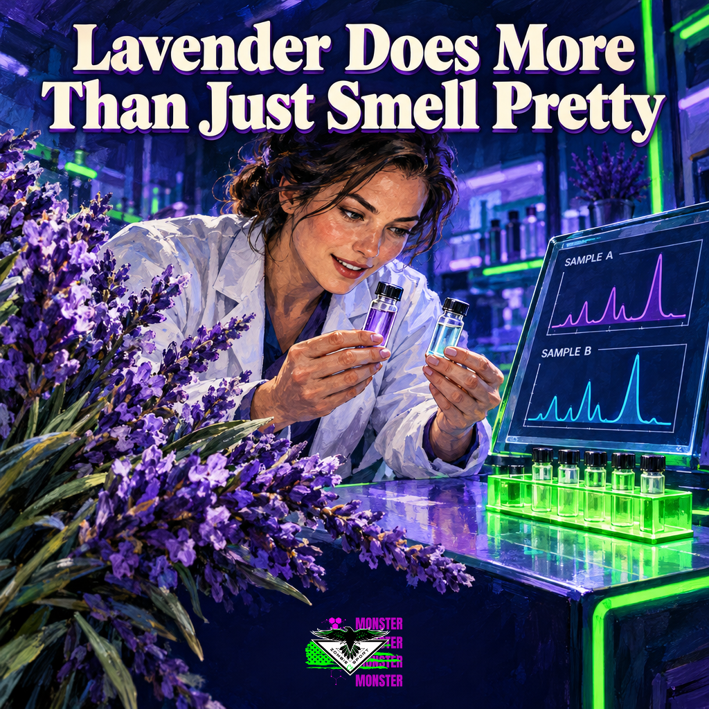 Painterly lavender blossoms and a scientist comparing oil samples and illustrative chemical fingerprints, with electric-green workstation accents, the title Lavender Does More Than Just Smell Pretty and original Zombie Sport Co logo at bottom center.