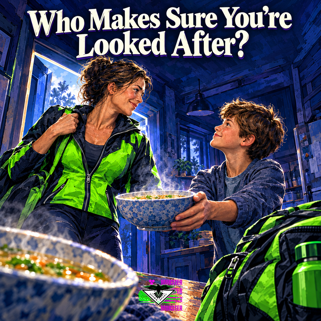 Painterly mother-and-son homecoming scene with soup, cinematic cobalt-violet depth and electric-green accents, the headline Who Makes Sure You’re Looked After? and original Zombie Sport Co logo at bottom center.