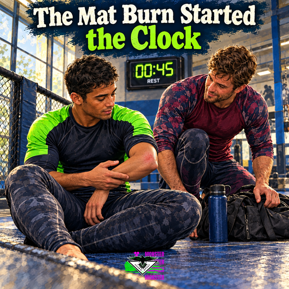 MMA athlete looking at a mild mat burn on his elbow as his training partner brings his bag and water bottle, beneath a 00:45 rest timer, with bright green sleeves, the matching headline and original Zombie Sport Co logo.