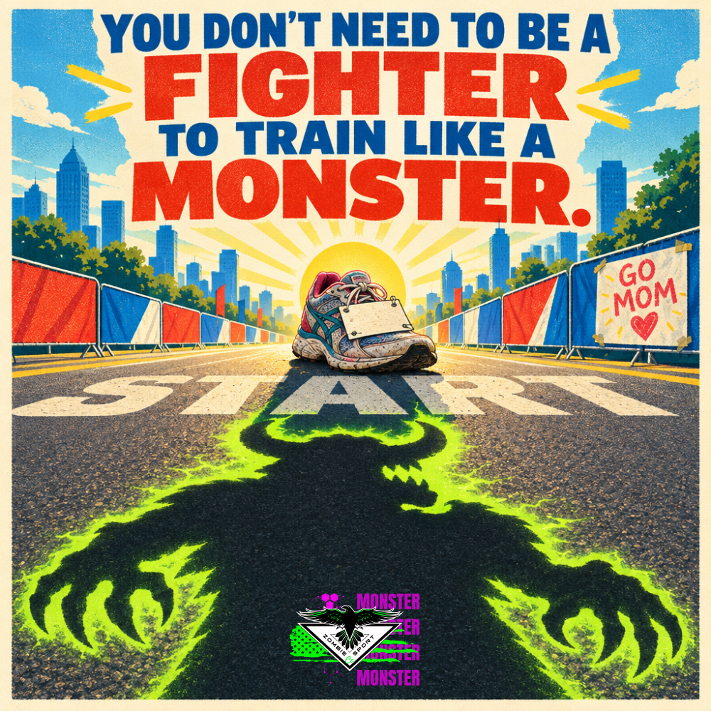 Bright vintage poster of a single worn running shoe on a marathon start line casting a giant roaring monster shadow with glowing neon green claws, beside a child's Go Mom sign, under the headline You Don't Need to Be a Fighter to Train Like a Monster