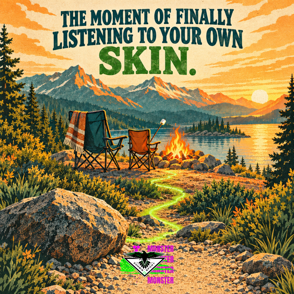 Illustrated mountain campsite at sunset with two chairs, a campfire, a marshmallow roasting stick, and a glowing trail beneath the title The Moment of Finally Listening to Your Own Skin.